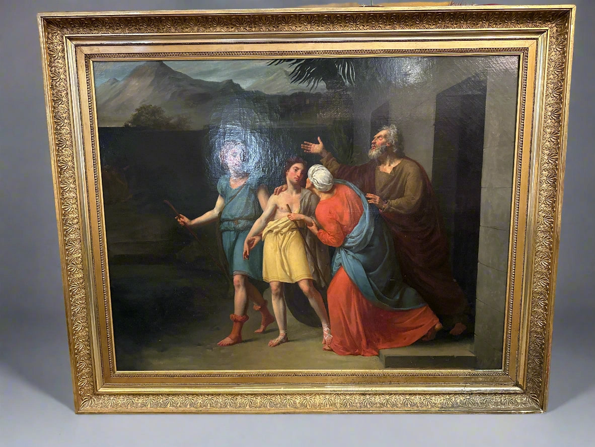 LARGE FRAMED ITALIAN OIL PAINTING- TOBIT SENDING HIS SON TOBIAS TO MEDIA WITH THE ANGEL RAPHAEL classic mural painting