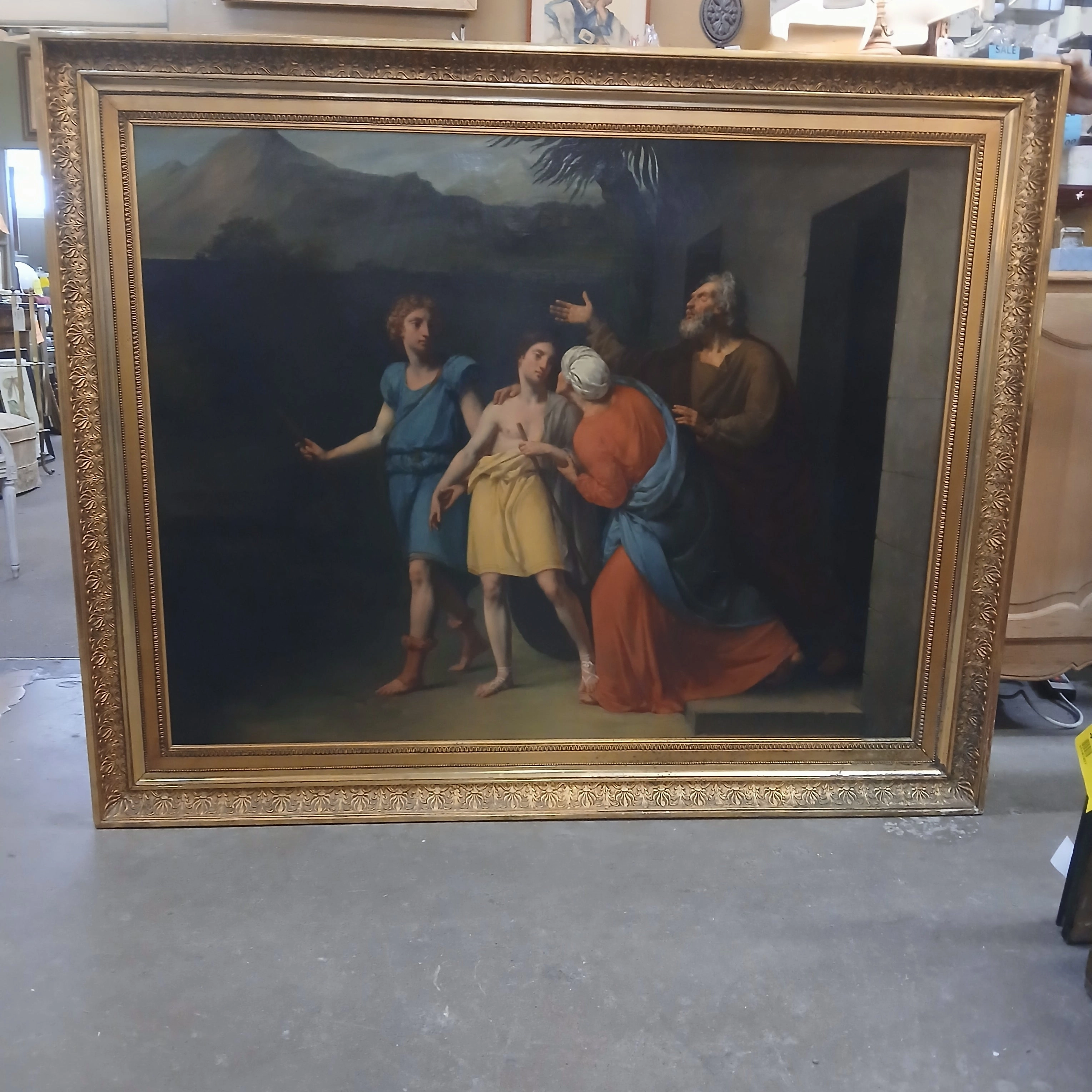 LARGE FRAMED ITALIAN OIL PAINTING- TOBIT SENDING HIS SON TOBIAS TO MEDIA WITH THE ANGEL RAPHAEL