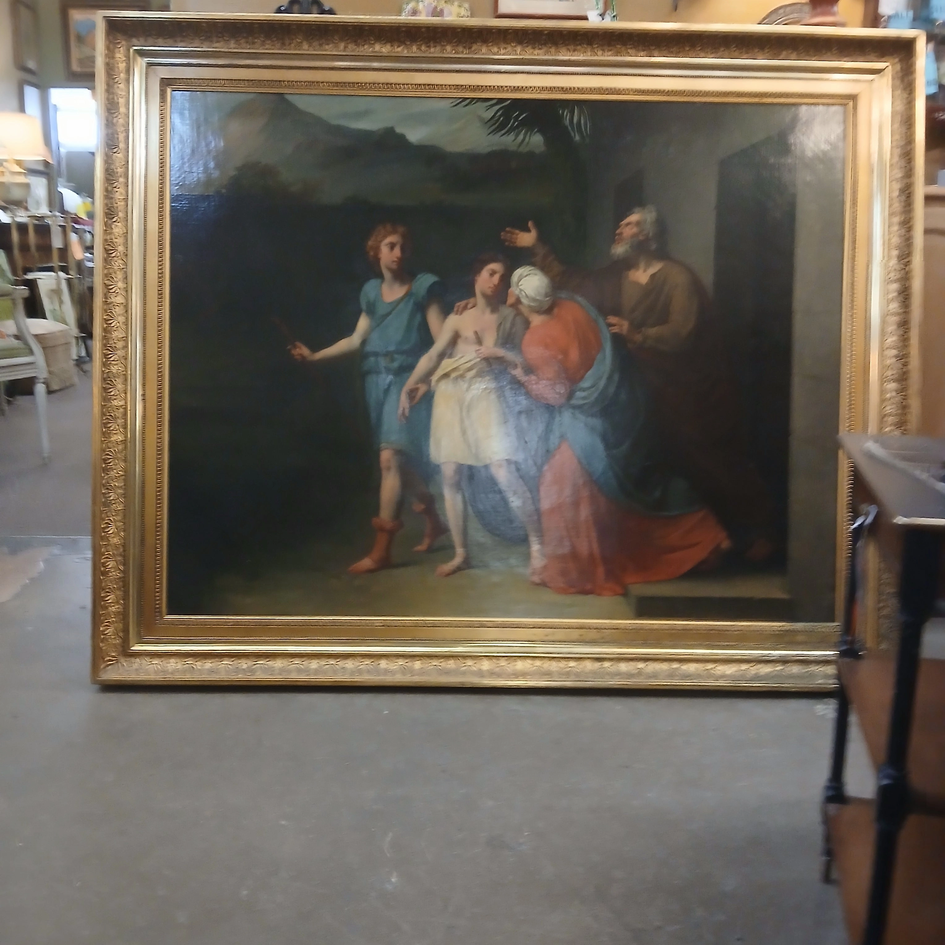 LARGE FRAMED ITALIAN OIL PAINTING- TOBIT SENDING HIS SON TOBIAS TO MEDIA WITH THE ANGEL RAPHAEL