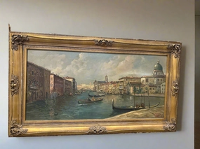 LARGE FRAMED  MIDCENTURY VENICE OIL PAINTING SIGNED classic mural painting