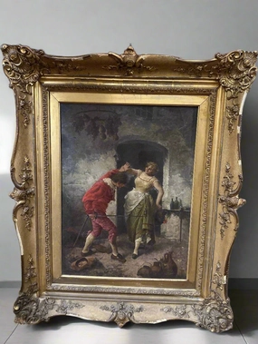 LARGE FRAMED OIL PAINTING OF A  17TH CENTURY SCENCE WITH COURTING COUPLE FROLICKING classic mural painting