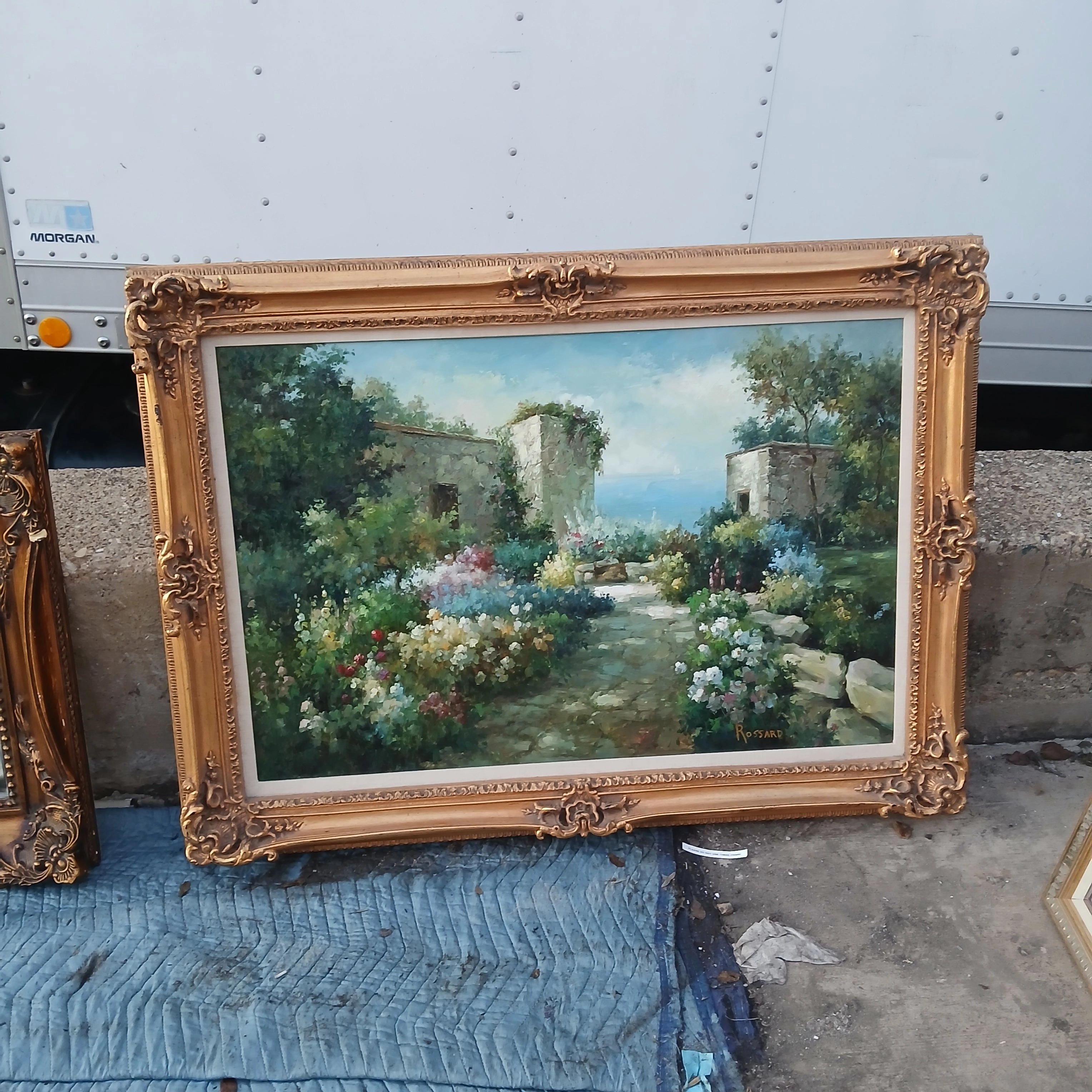 LARGE FRAMED OIL PAINTING OF A GARDEN classic mural painting