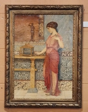 LARGE FRAMED OIL PAINTING OF A LADY HOLDING A BIRD BY JOHN WILLIAM GODWARD classic mural painting