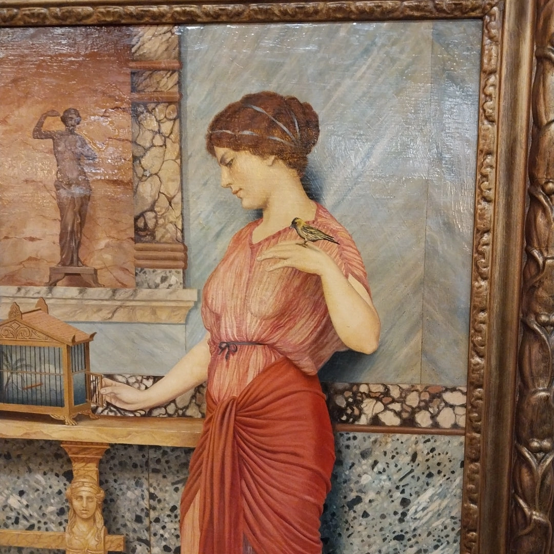 LARGE FRAMED OIL PAINTING OF A LADY HOLDING A BIRD BY JOHN WILLIAM GODWARD