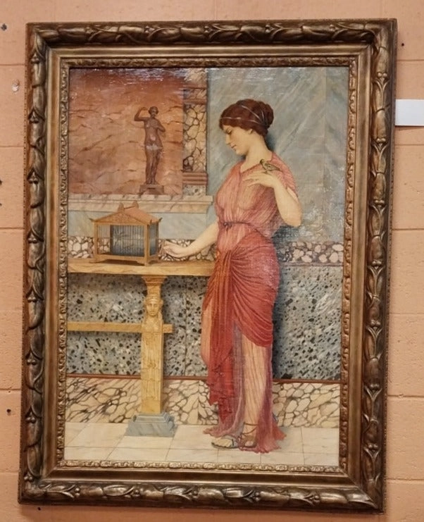 LARGE FRAMED OIL PAINTING OF A LADY HOLDING A BIRD BY JOHN WILLIAM GODWARD