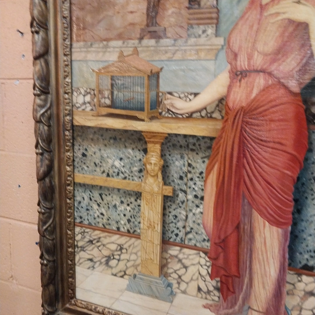 LARGE FRAMED OIL PAINTING OF A LADY HOLDING A BIRD BY JOHN WILLIAM GODWARD