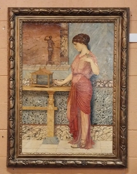 LARGE FRAMED OIL PAINTING OF A LADY HOLDING A BIRD BY JOHN WILLIAM GODWARD classic mural painting