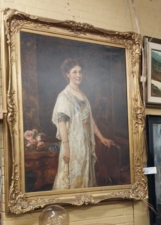 LARGE FRAMED OIL PAINTING OF A WOMAN IN A DRESS BY JOHN HNASON- WALKER