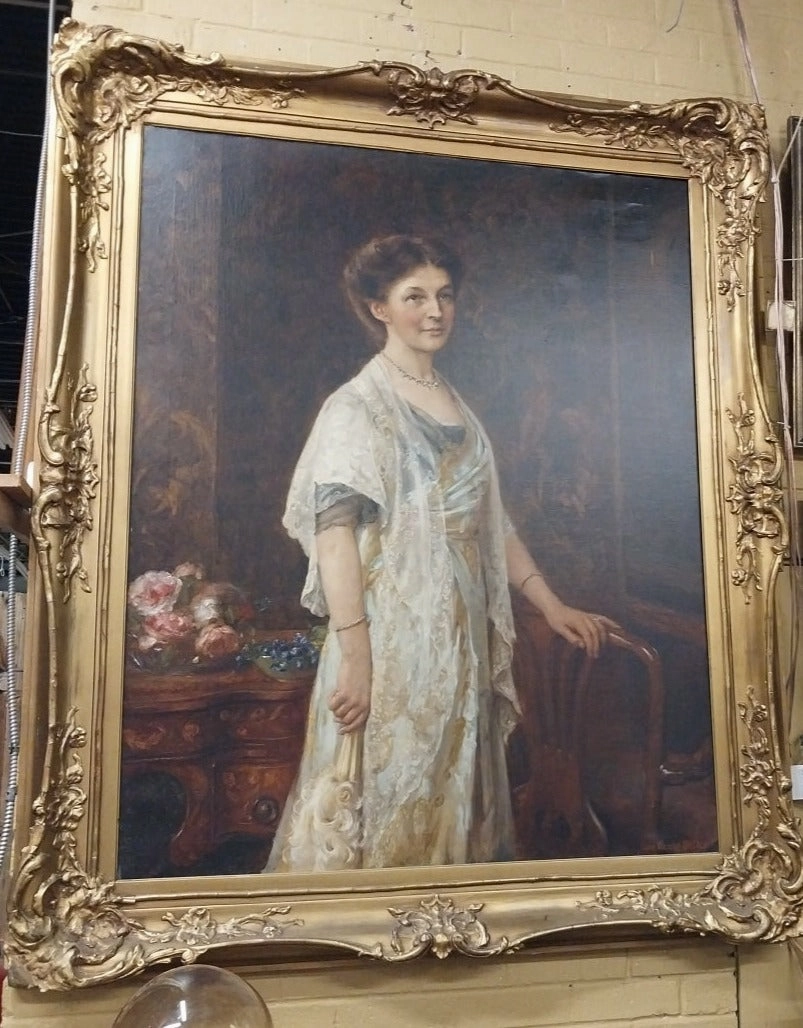 LARGE FRAMED OIL PAINTING OF A WOMAN IN A DRESS BY JOHN HNASON- WALKER classic mural painting