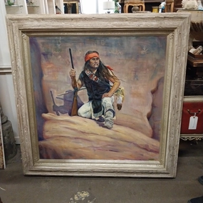 LARGE FRAMED OIL PAINTING OF AN APACHE LOOKOUT BY GUADLUPE APODACA classic mural painting