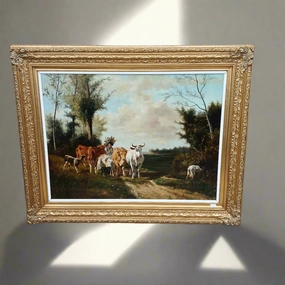 LARGE FRAMED OIL PAINTING OF COWS classic mural painting