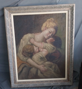 LARGE FRAMED OIL PAINTING OF LADY AND CHILDREN classic mural painting