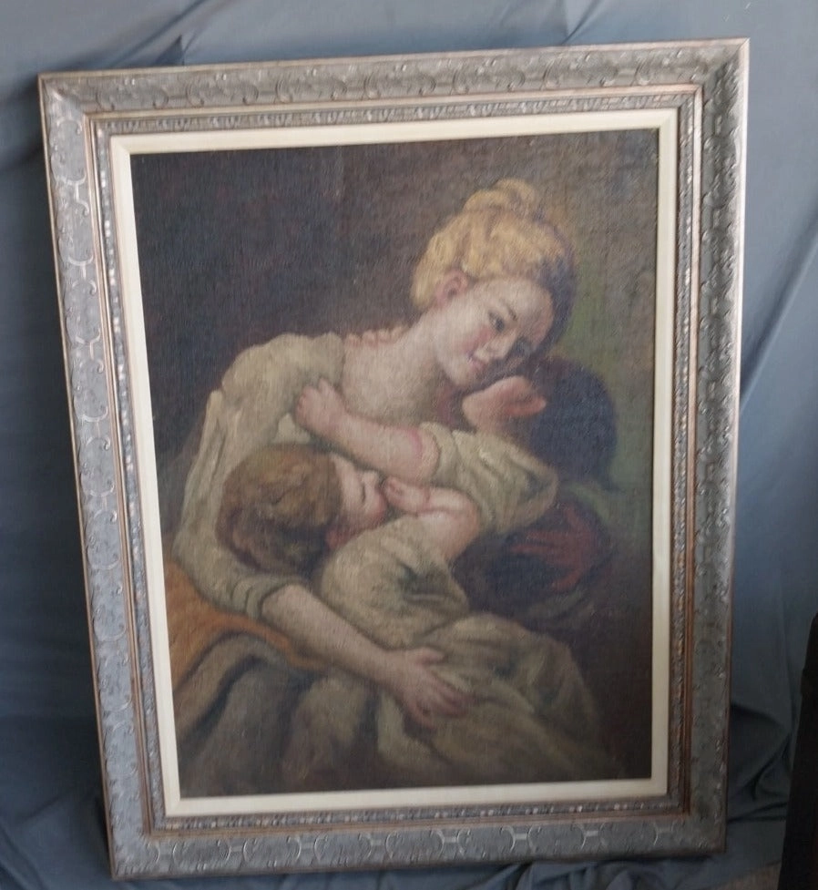 LARGE FRAMED OIL PAINTING OF LADY AND CHILDREN classic mural painting