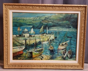LARGE FRAMED OIL PAINTING OF SAIL BOATS BY THE DOCK classic mural painting