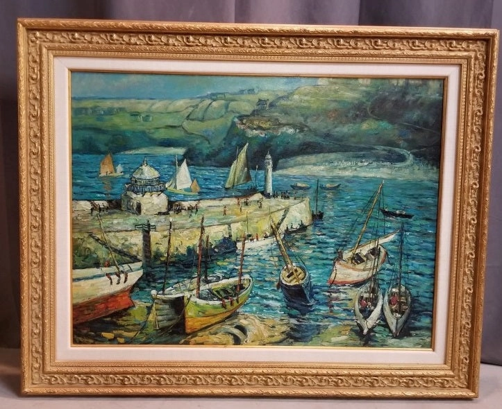 LARGE FRAMED OIL PAINTING OF SAIL BOATS BY THE DOCK classic mural painting