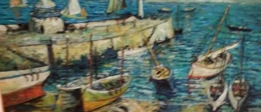 LARGE FRAMED OIL PAINTING OF SAIL BOATS BY THE DOCK