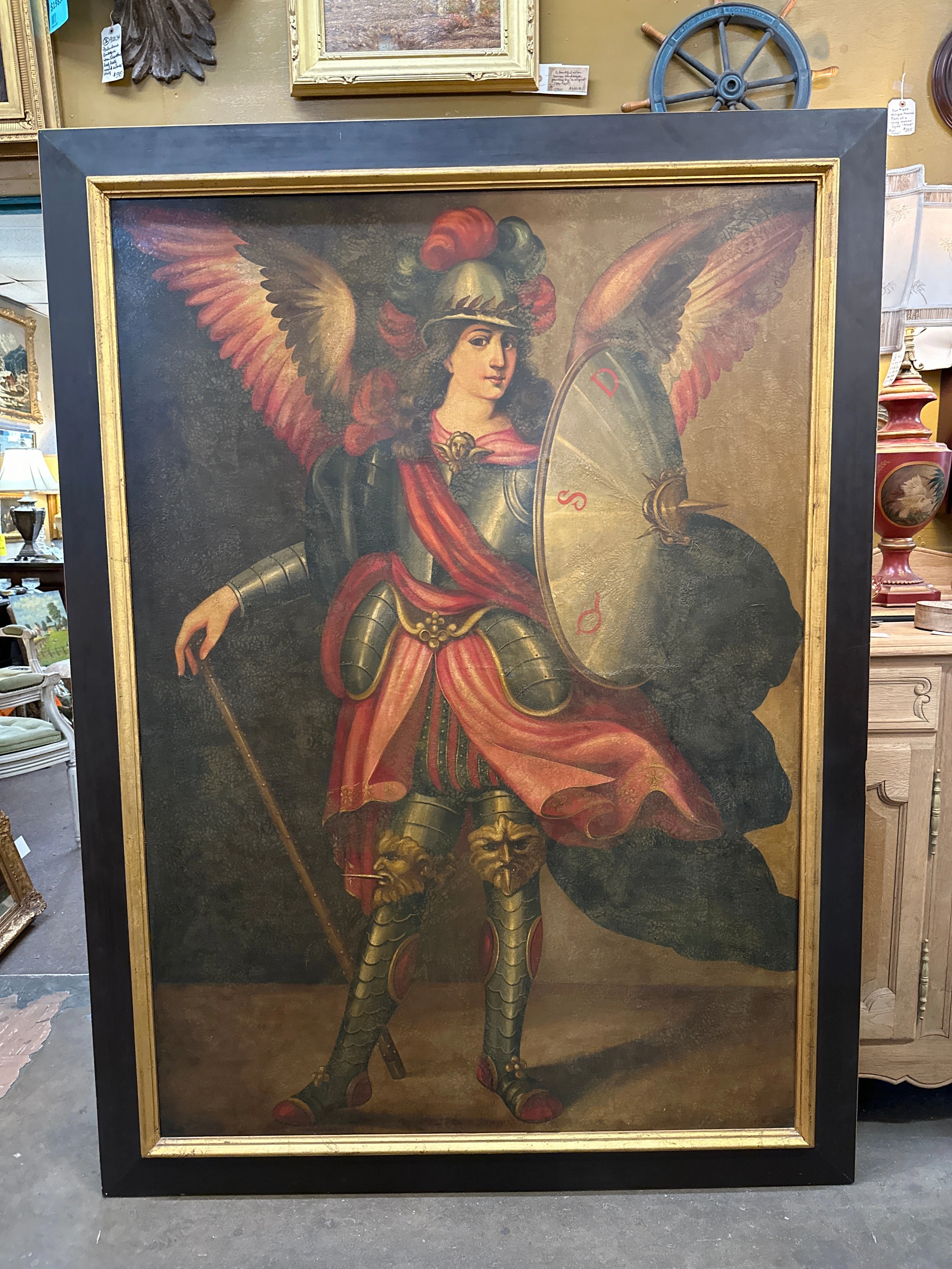 LARGE FRAMED OIL PAINTING OF SAINT MICHAEL THE ARCHANGEL