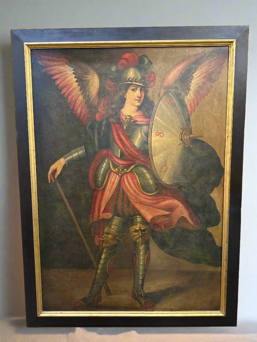 LARGE FRAMED OIL PAINTING OF SAINT MICHAEL THE ARCHANGEL classic mural painting