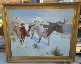 LARGE FRAMED OIL PAINTING OF TEXAS LONG HORNS BY ROBERT DE LEON classic mural painting
