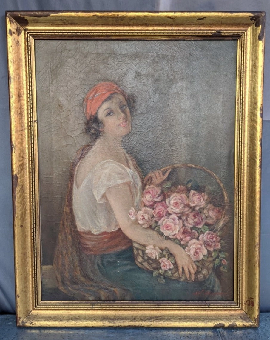 LARGE FRAMED OIL PAINTING OF WOMAN HOLDING FLOWERS