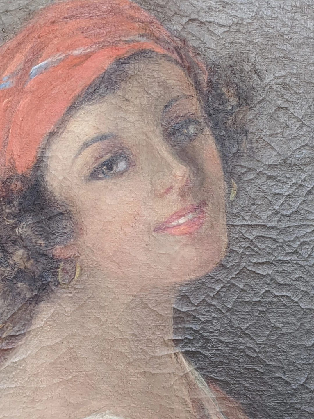 LARGE FRAMED OIL PAINTING OF WOMAN HOLDING FLOWERS