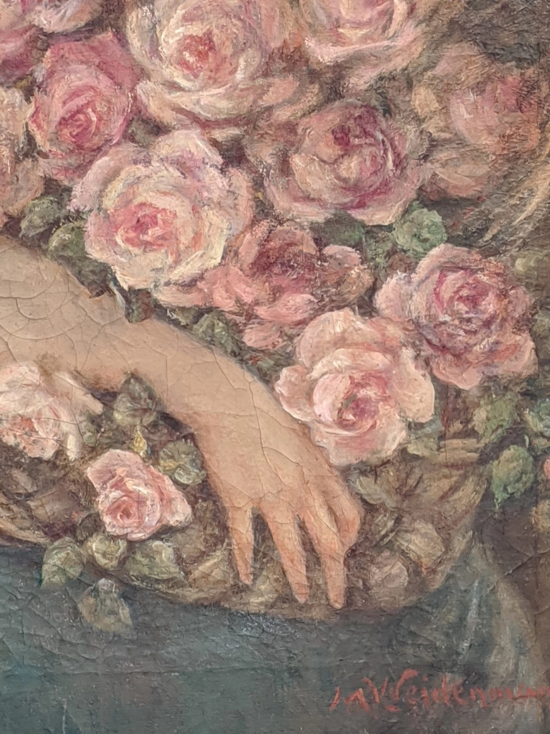 LARGE FRAMED OIL PAINTING OF WOMAN HOLDING FLOWERS