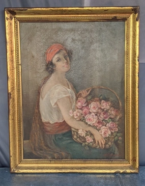 LARGE FRAMED OIL PAINTING OF WOMAN HOLDING FLOWERS classic mural painting
