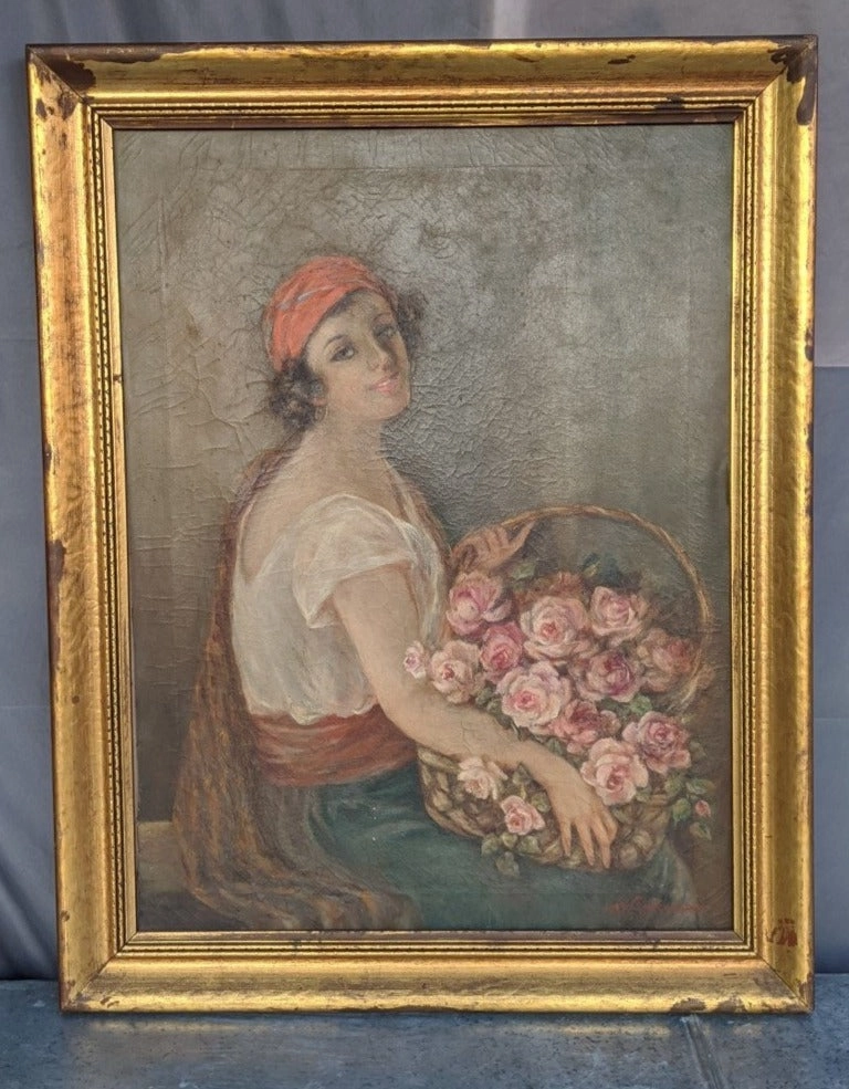 LARGE FRAMED OIL PAINTING OF WOMAN HOLDING FLOWERS classic mural painting