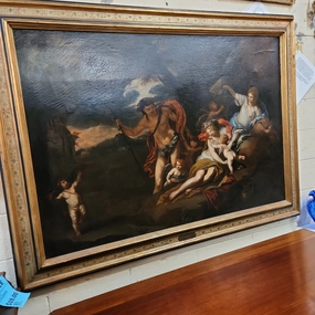 LARGE FRAMED OIL PAINTING ON CANVAS  WITH CHERUBIM AND WOODLAND CREATURES-RESTORED classic mural painting