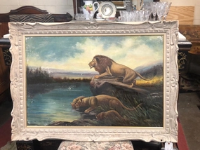 LARGE FRAMED OIL PAINTING "LION PRIDE" BY W.R. THRASHER classic mural painting