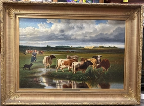 LARGE FRAMED PAINTING OF COWS BY POND classic mural painting