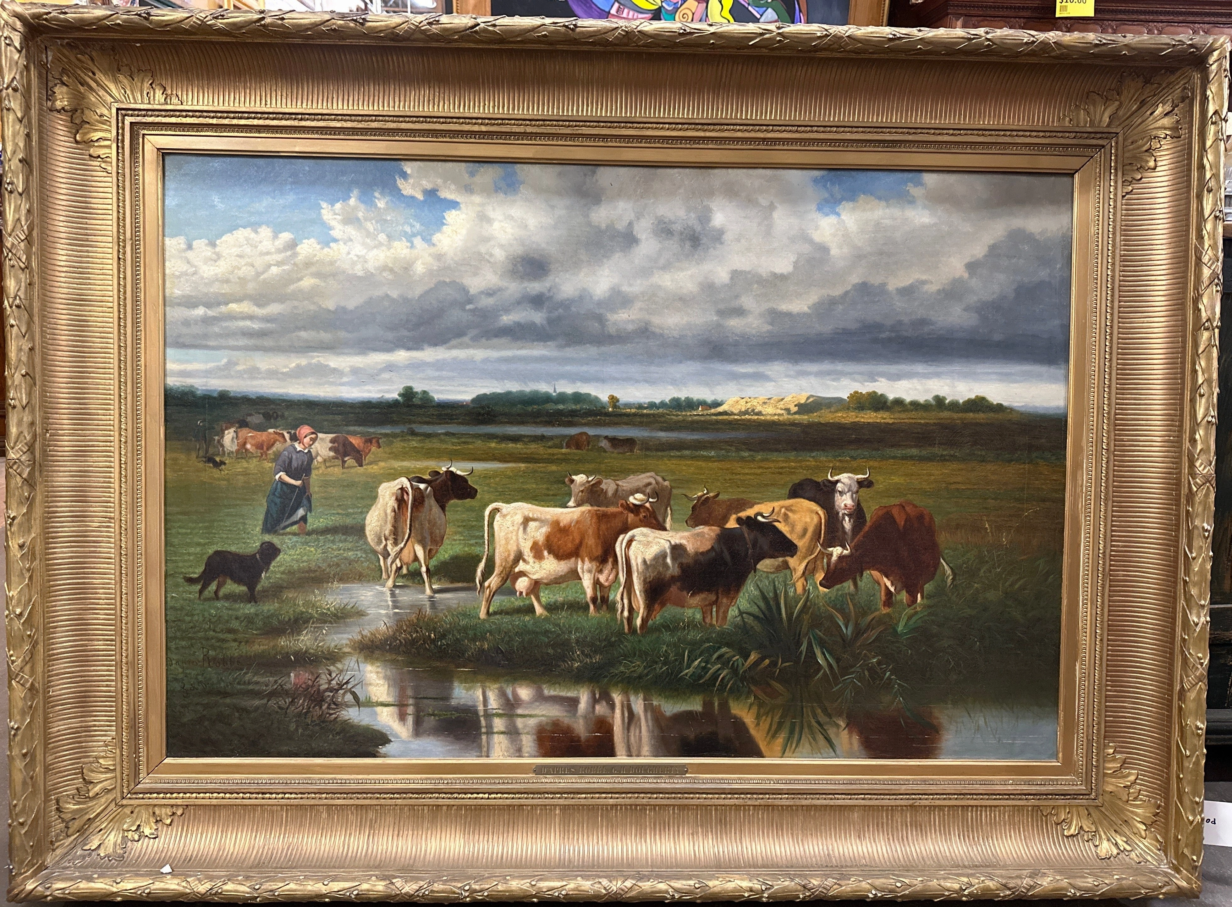 LARGE FRAMED PAINTING OF COWS BY POND classic mural painting