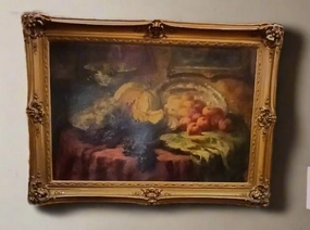 LARGE FRAMED STILL LIFE OIL PAINTING OF FRUIT BY F, MONTEHANANS-AS FOUND classic mural painting