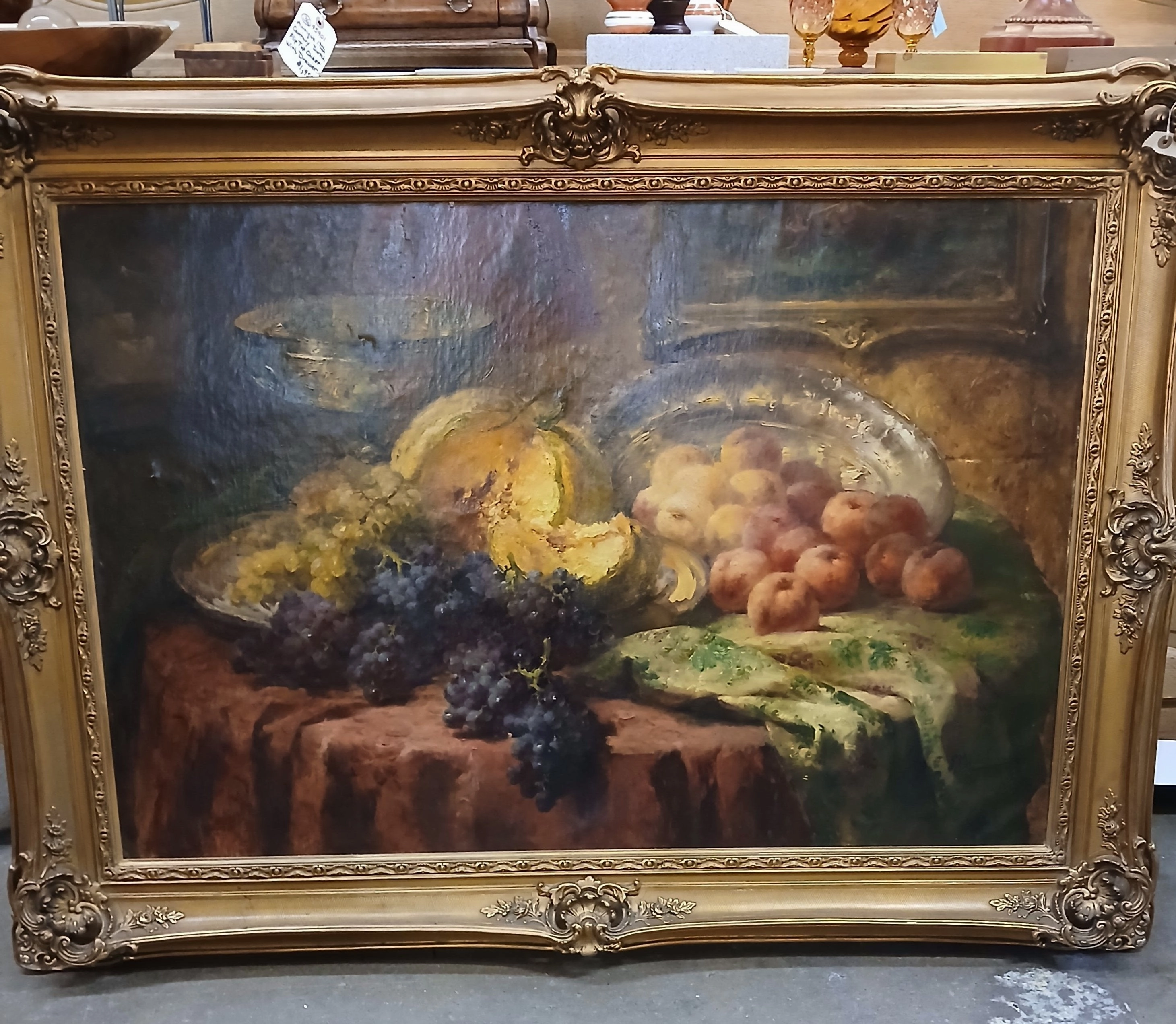 LARGE FRAMED STILL LIFE OIL PAINTING OF FRUIT BY F, MONTEHANANS-AS FOUND