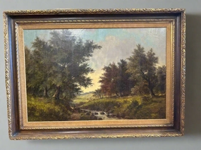 LARGE FRAMED SYLVAN LANSCAPE OIL PAINTING WITH STREAM BY W.E. POLDERMAN classic mural painting
