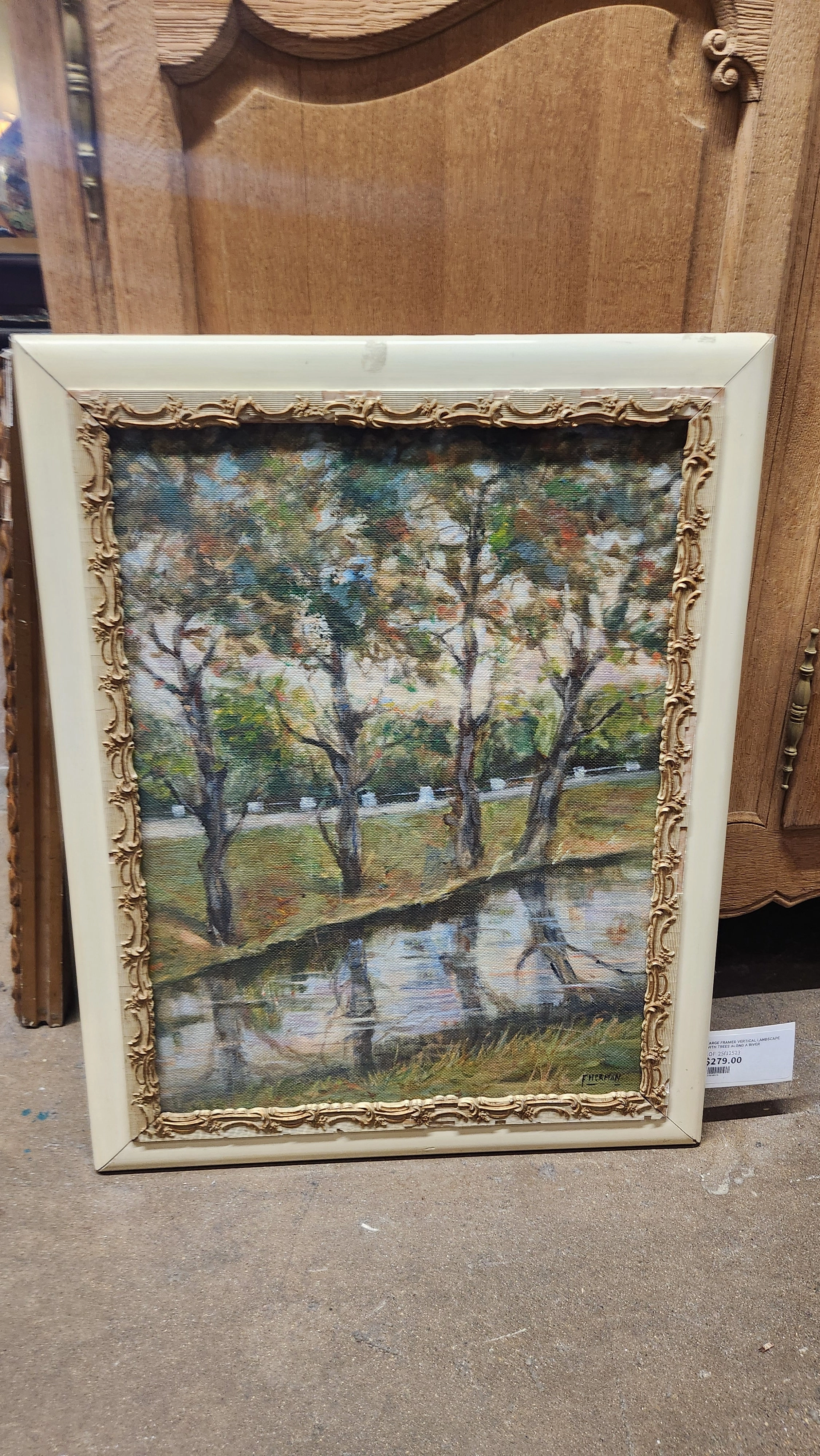 LARGE FRAMED VERTICAL LANDSCAPE WITH TREES ALOND A RIVER PAINTING classic mural painting