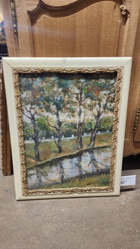 LARGE FRAMED VERTICAL LANDSCAPE WITH TREES ALOND A RIVER PAINTING classic mural painting