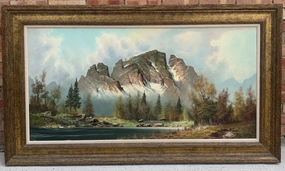 LARGE GERMAN OIL PAINTING OF MOUNTAINS WITH LAKE IN FOREGROUND classic mural painting