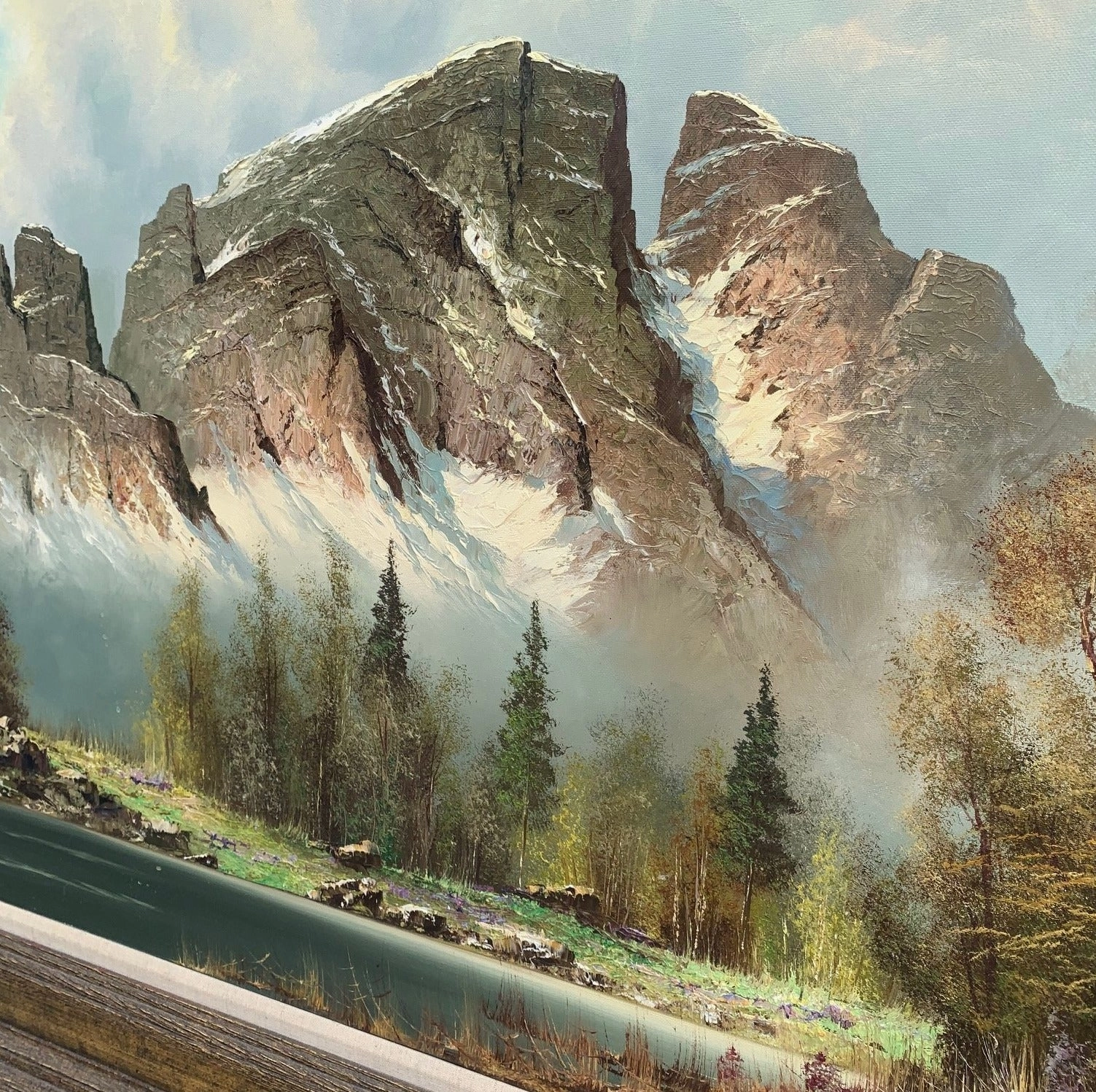 LARGE GERMAN OIL PAINTING OF MOUNTAINS WITH LAKE IN FOREGROUND