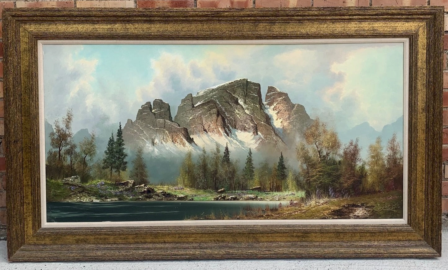 LARGE GERMAN OIL PAINTING OF MOUNTAINS WITH LAKE IN FOREGROUND classic mural painting