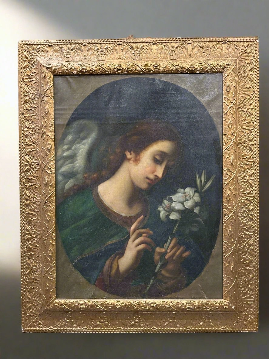 LARGE GILT FRAMED ANGEL OIL PAINTING classic mural painting
