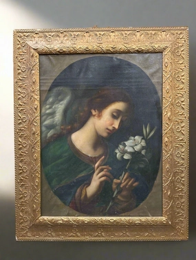 LARGE GILT FRAMED ANGEL OIL PAINTING classic mural painting