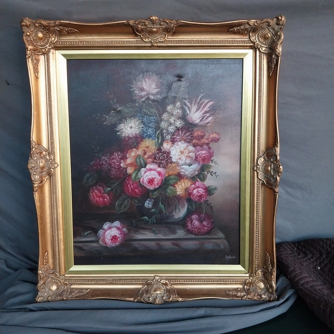 LARGE GILT FRAMED FLORAL OIL PAINTING classic mural painting