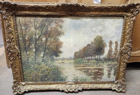LARGE GILT FRAMED  IMPRESSIONIST OIL PAINTING OF A LAKE classic mural painting