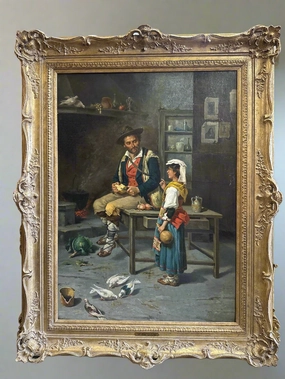LARGE GILT FRAMED INTERIOR ITALIAN OIL PAINTING FATHER AND CHILD BY DE VIVO "THE PEASANTS RETURN" classic mural painting