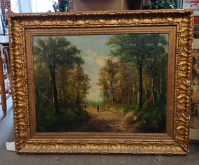 LARGE GILT FRAMED LANDSCAPE OIL PAINTING ON CANVAS OF 2 PEOPLE ON A FOREST PATH classic mural painting