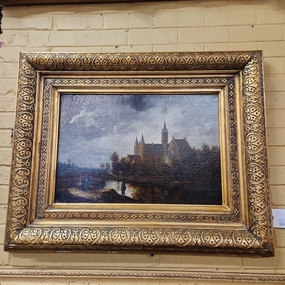 LARGE GILT FRAMED OIL PAINTING OF A CHURCH BY RIUSCO classic mural painting