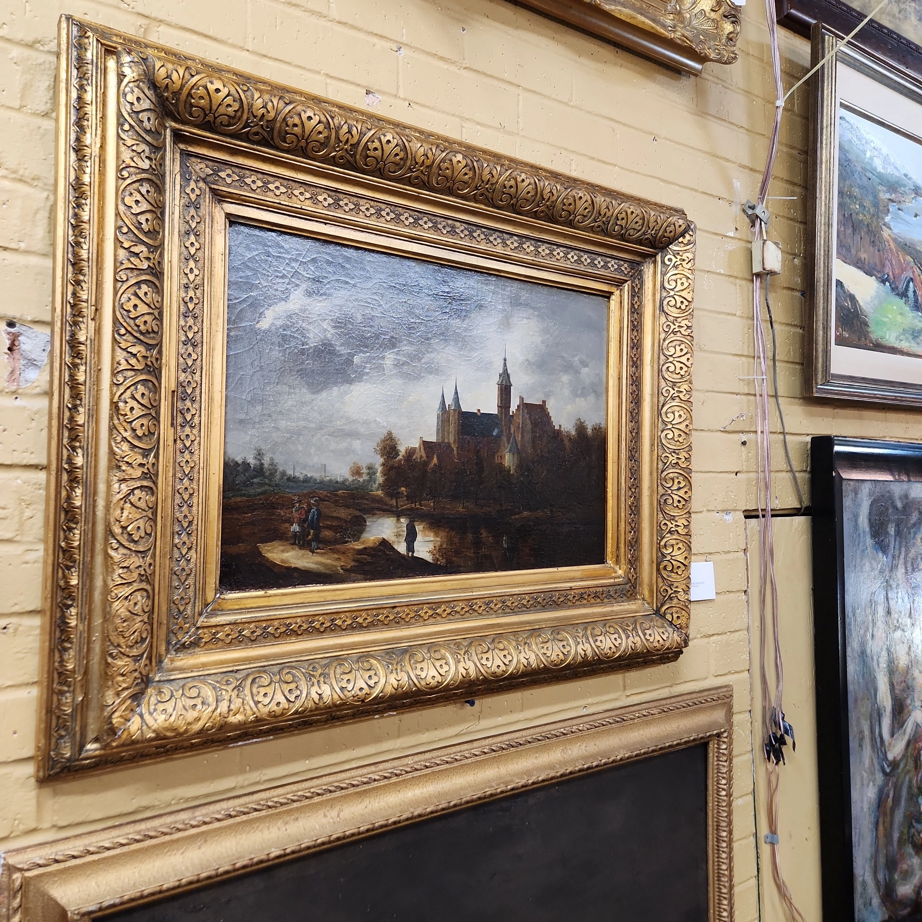 LARGE GILT FRAMED OIL PAINTING OF A CHURCH BY RIUSCO