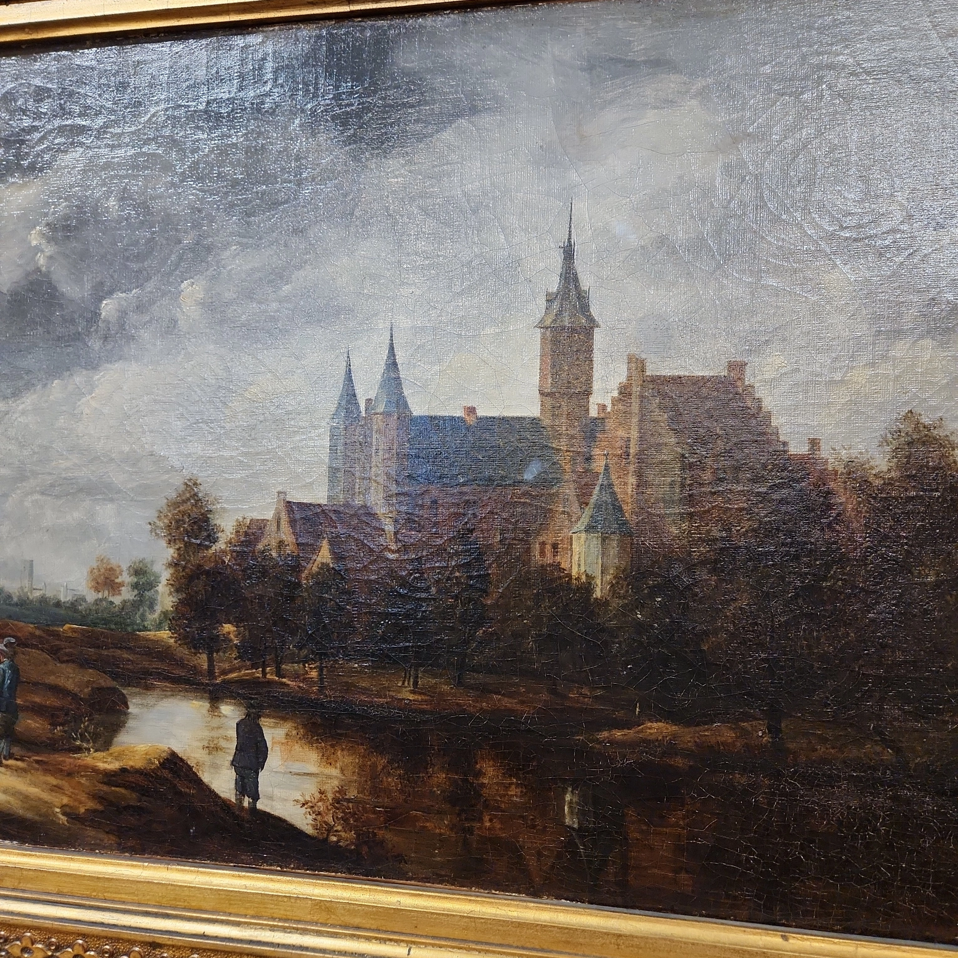 LARGE GILT FRAMED OIL PAINTING OF A CHURCH BY RIUSCO