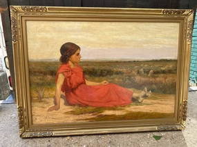 LARGE GILT FRAMED OIL PAINTING OF A SHEPPARDESS, RECLINING ON THE GROUND- SIGNED SHONBORN classic mural painting